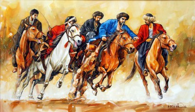 Konie w galopie i pięciu jeźdźców