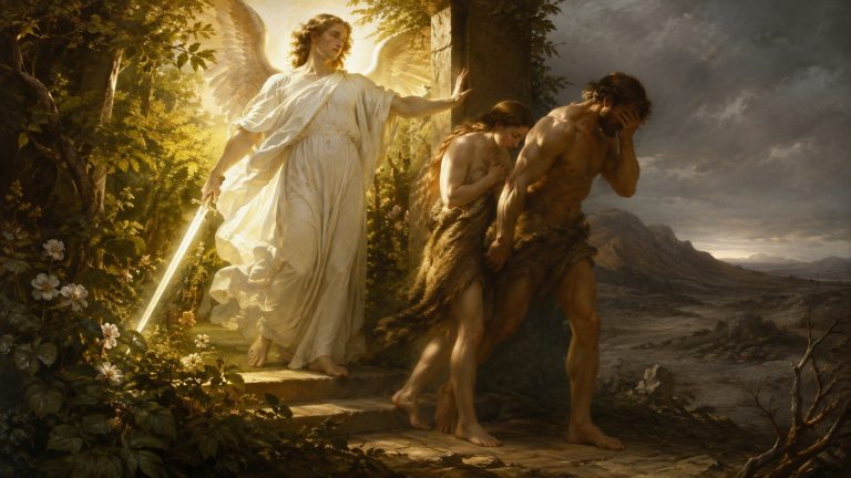 Wygnanie Adama i Ewy z raju Benjamina Westa: ognisty cherub, rozpacz pierwszych rodziców i romantyczny oddech w biblijnej scenie.